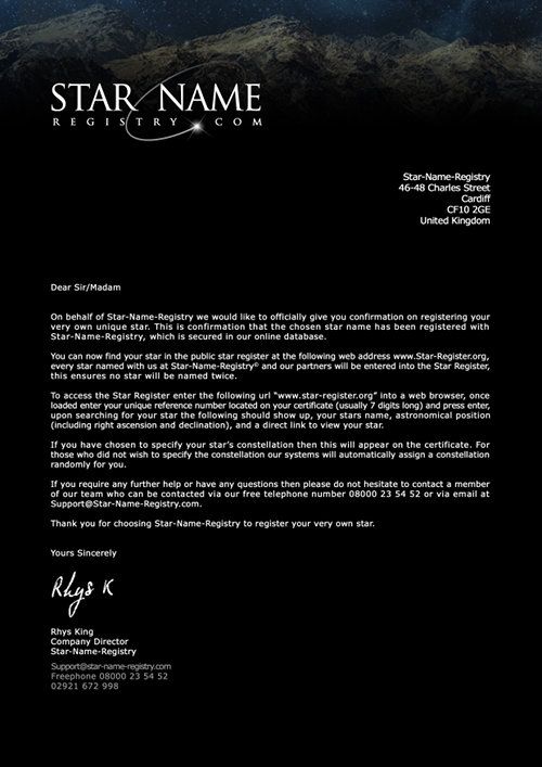 Star Register welcome letter
